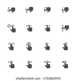 Touch screen, touch gesture flat icons in gray. Set of 16 pieces.