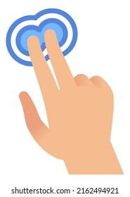 Touch screen gesture. Hand pressing blue button with two fingers, smartphone or tablet touchscreen gestures, pointer sign, application or website control interface, vector illustration