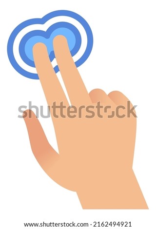 Touch screen gesture. Hand pressing blue button with two fingers, smartphone or tablet touchscreen gestures, pointer sign, application or website control interface, vector illustration