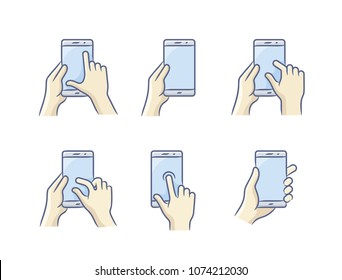 Touch screen gesture icon for smartphone. Vector icon for a mobile app user interface or manual. Smartphone screen with gesture. Hand holding smartphone, finger touching screen. Vector illustration.