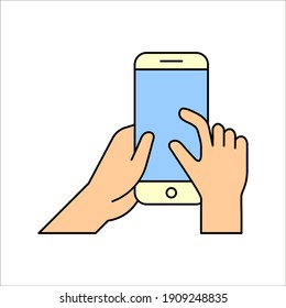 Touch screen gesture icon for smartphone. Smartphone screen with gesture. Hand holding smartphone on white background. color editable
