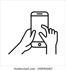 Touch screen gesture icon for smartphone. Smartphone screen with gesture. Hand holding smartphone on white background. color editable