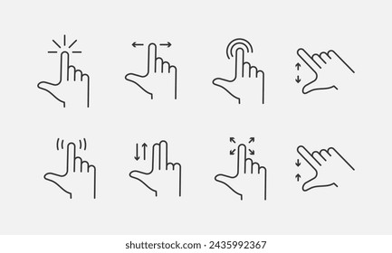 Touch screen gesture line icon set. Touchscreen technology, tap on screen, drag and drop. Vector illustration