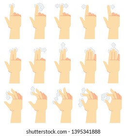 Touch screen gestures. Finger tap, swipe gesture and hand touched smartphone screens. Touch UI cartoon vector icons set
