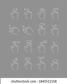 Gestos de pantalla táctil. Señales de mano tocar dispositivos móviles múltiples caída desplazamiento de línea vectorial icono