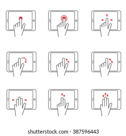 Touch screen gestures icons line icon set with tablet. Vector gestures symbols. Touch gestures icons for app, site, pad or mobile