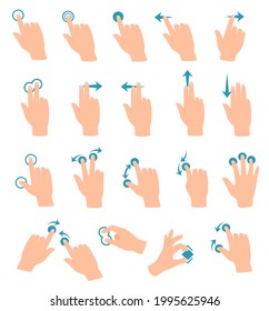 Touch screen gestures. Tablet or smartphone hand gesture swipe, touch, click, zoom. Cartoon touchscreen devices hand motion icon vector set. Device or technology usage with different moving