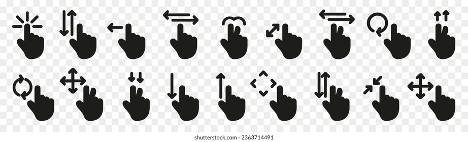Tippen Sie den Bildschirm mit der Handgetik auf die Symbol-Sammlung. Hand-Klicken-Zeiger-Zeichen. Hand mit schwarzem Mausklick