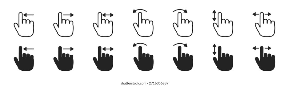 Touch Screen Hand Gesture Icons Set for Mobile and Tablet User Interface, Swipe, Tap, Drag and Click Controls, Vector Illustration on Transparent Background