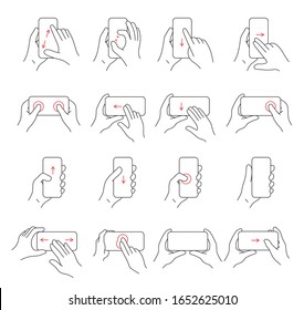 Touch screen hand gesture set, line art design. Device and smartphone application in use, technology, sign. Vector line art illustration