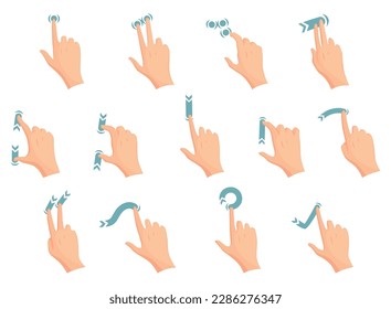 Touch screen hand gestures. Flat colored icon series with movement of fingers isolated vector illustration. Hand touchscreen gestures. Vector like swipe or slide touch