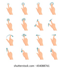 Touch screen hand gestures flat colored icon series with arrows showing direction of movement of fingers isolated vector illustration 