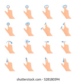 Touch screen hand gestures flat colored icon series with arrows showing direction of movement of fingers isolated vector illustration