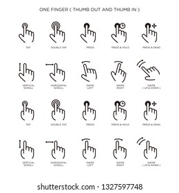 Touch screen hand gestures icons set for mobile application design isolated on white background, one finger hand gestures with thumb out and thumb in icon - Vector