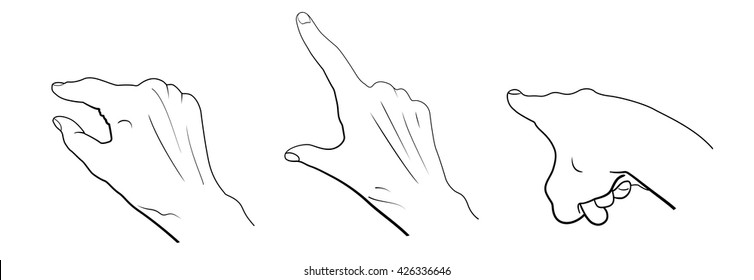 Touch screen hand gestures for smart-phone, tablet and pad. Outline set of three gestures.