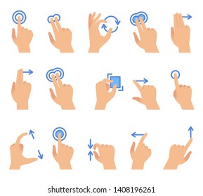 Touch screen hand gestures. Touching screen devices communication, drag using finger gesture for phone apps interface vector set