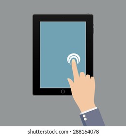 a touch screen with the hand in moving across the screen. Stock 