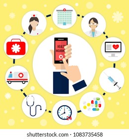 	Touch screen Health insurance on phone.Protection health, healthcare, medical service, medicine,vector illustration.
