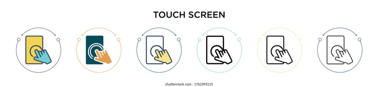 Touch screen icon in filled, thin line, outline and stroke style. Vector illustration of two colored and black touch screen vector icons designs can be used for mobile, ui, web