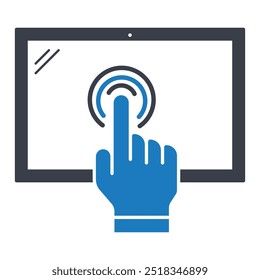 Touch Screen Icon. Illustrates a finger touching a digital screen, symbolizing interactive display technology.. Finger on screen icon. Flat illustration. 