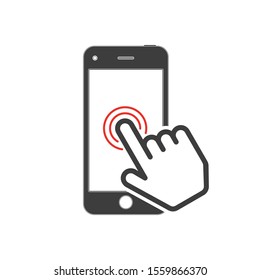 Touch Screen icon. Pointing of finger on the touch screen of the smartphone. Touching display by finger. Vector illustration in flat style. EPS 10.