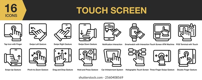 Touch Screen icon set. Includes interaction, gesture, finger, pos, press, and More. Outline icons vector collection.