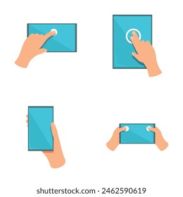 Iconos de pantalla táctil conjunto de Vector de dibujos animados. Gesto de la mano en el dispositivo digital táctil. Tecnología moderna