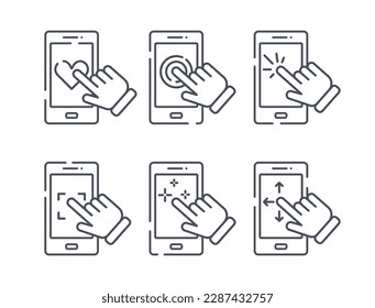 Touch screen icons set. Collection of smartphone screen with various geometric shapes. Mobile app interface and ui and ux design. Cartoon flat vector illustrations isolated on white background