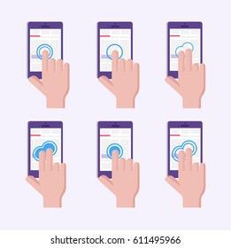 Touch screen icons set with hands and gestures. Flat colored icons with arrows showing movement of fingers and mobile phone. 
