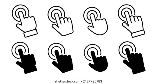 Touch screen icons. Touchscreen finger hand press or push vector icons. Set of hand touch screen. Click on the smartphone. Vector illustration