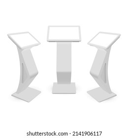 Touch Screen Information Kiosks, Front and Side View, Isolated on White Background. Vector Illustration