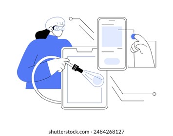 Touch screen integration abstract concept vector illustration. Engineer installing touch screen, optical bonding, electronics manufacturing, light industry, modern technology abstract metaphor.