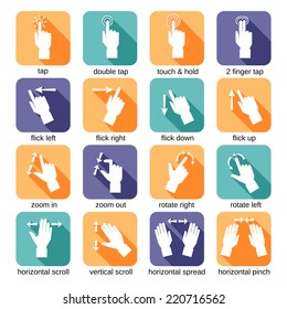 Touch screen interface hand gestures flat icons set isolated vector illustration