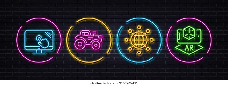 Pantalla táctil, globo internacional y iconos de línea mínima de Tractor. Luces 3d láser neón. Iconos de realidad aumentados. Para web, aplicación, impresión. Soporte web, redes mundiales, transporte agrícola. Vector