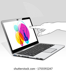 A touch screen laptop computer accessing an online IDEAS database. The Wi-Fi connection signal is also visible.