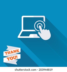 Touch screen laptop sign icon. Hand pointer symbol. White flat icon with long shadow. Paper ribbon label with Thank you text. Vector