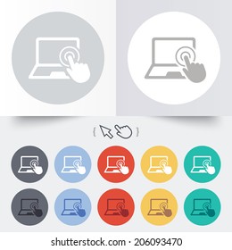 Touch screen laptop sign icon. Hand pointer symbol. Round 12 circle buttons. Shadow. Hand cursor pointer. Vector