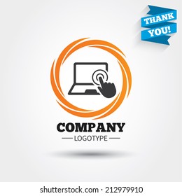 Touch screen laptop sign icon. Hand pointer symbol. Business abstract circle logo. Logotype with Thank you ribbon. Vector