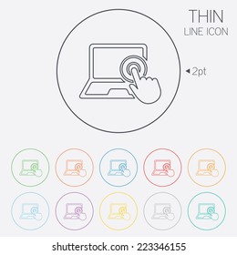 Touch screen laptop sign icon. Hand pointer symbol. Thin line circle web icons with outline. Vector