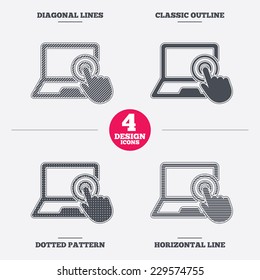 Touch screen laptop sign icon. Hand pointer symbol. Diagonal and horizontal lines, classic outline, dotted texture. Pattern design icons.  Vector