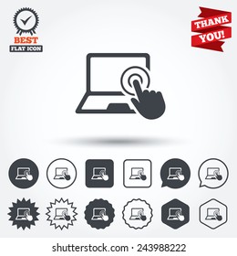 Touch screen laptop sign icon. Hand pointer symbol. Circle, star, speech bubble and square buttons. Award medal with check mark. Thank you. Vector
