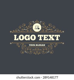 Touch screen laptop sign icon. Hand pointer symbol. Flourishes calligraphic ornament. Vector