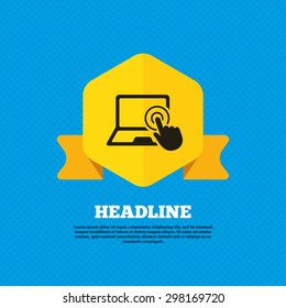 Touch screen laptop sign icon. Hand pointer symbol. Yellow label tag. Circles seamless pattern on back. Vector