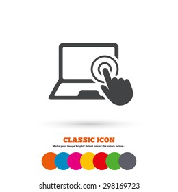 Touch screen laptop sign icon. Hand pointer symbol. Classic flat icon. Colored circles. Vector