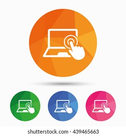 Touch screen laptop sign icon. Hand pointer symbol. Triangular low poly button with flat icon. Vector