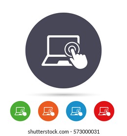 Touch screen laptop sign icon. Hand pointer symbol. Round colourful buttons with flat icons. Vector