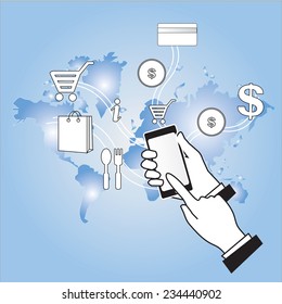 Touch screen mobile phone to display business icon and technology, Design concept of technology information and e-commerce