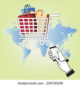 Touch screen mobile phone to display shopping Design concept  and e-commerce 