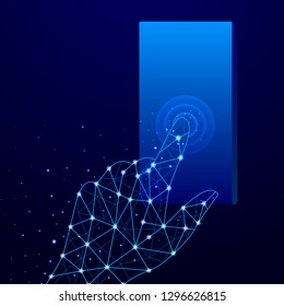 Touch screen mobile phone the future low poly wireframe. Futuristic concept. Vector polygonal image in the form of a starry sky or space, consisting of points, lines, and shapes in the form of stars