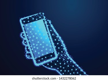 Touch screen mobile phone, in hand with clipping path. Connection and disconnection concept. lines, triangles and particle style design. Illustration vector